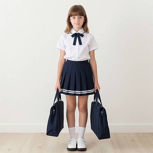 Photograph of a young girl in a white short-sleeve blouse, navy pleated skirt, and white socks, holding two black bags, standing