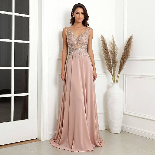 Photograph of a dark-haired woman in a pink, sleeveless, V-neck gown with silver lace detailing, standing in a white-walled room with