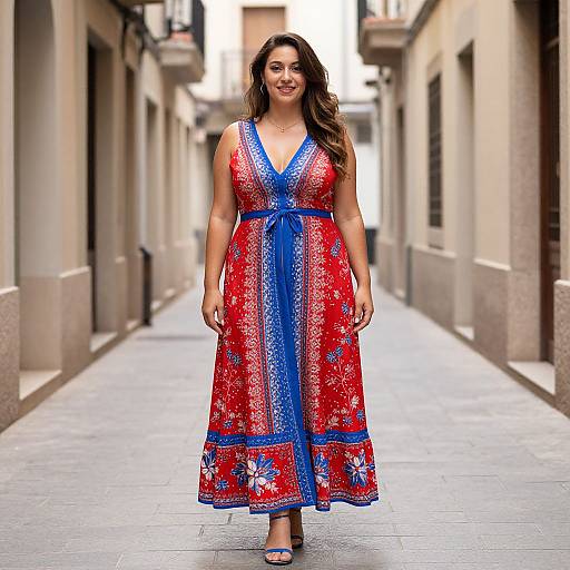 Photograph of a smiling woman with long brown hair, wearing a red and blue floral-patterned V-neck dress, standing in a narrow, sunlit