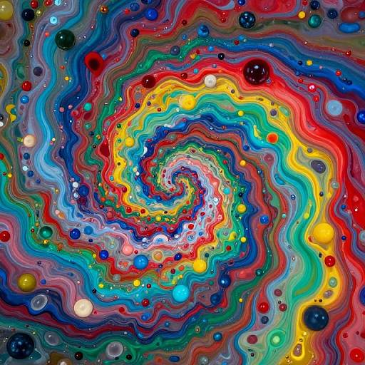 Vibrant, abstract digital art with swirling, wavy, colorful ribbons in red, blue, green, yellow, and orange, adorned with