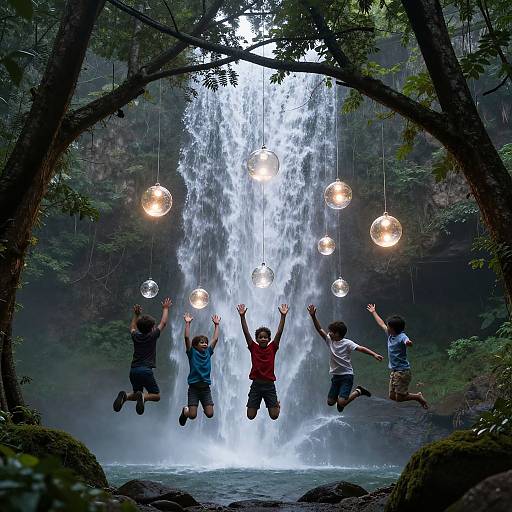 Photograph: Four children jump joyfully, arms raised, beneath glowing hanging bulbs above a cascading waterfall in a lush forest.