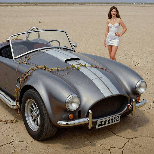 Photograph of a beautiful woman in a white strapless mini dress standing beside a silver vintage convertible car with ivy on its hood in a cracked desert
