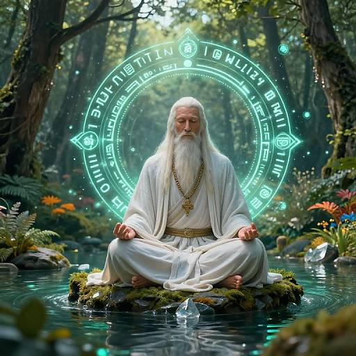 Digital artwork of an elderly white-bearded wizard in white robes sitting cross-legged on a mossy rock in a forest, surrounded by glowing blue mystical runes