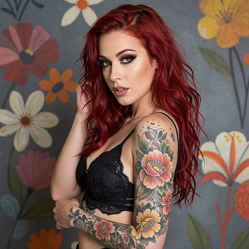 Photograph of a red-haired woman with extensive floral tattoos on her arm and shoulder, wearing a black lace bra, against a colorful floral background.