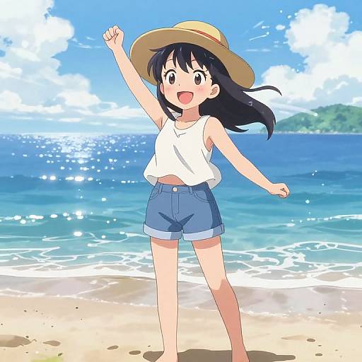 Playful Anime Girl in Summer Beachwear