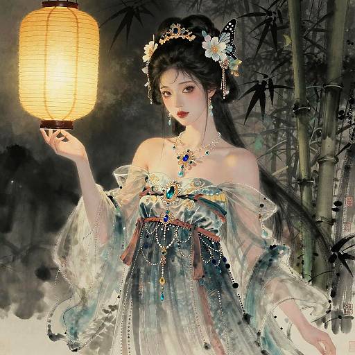 Kitsune Shrine Maiden with Lantern in Bamboo Shrine