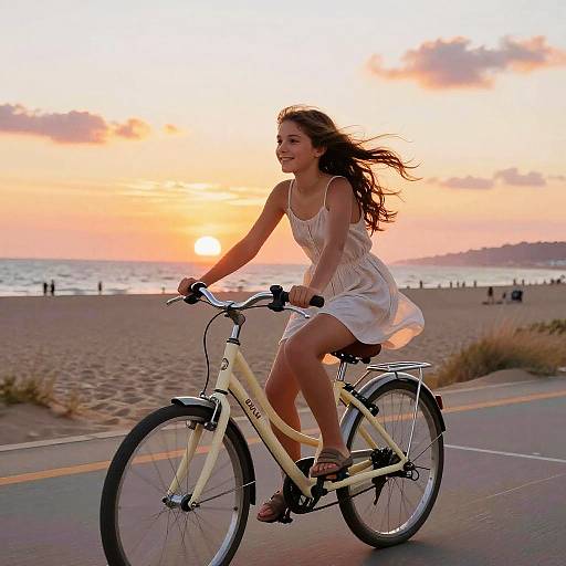 Girl Riding Bicycle on Beach Boardwalk at Sunset