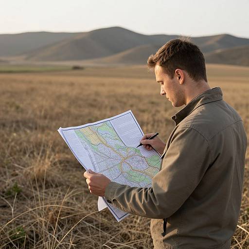 Landman Surveying Fields at Golden Hour