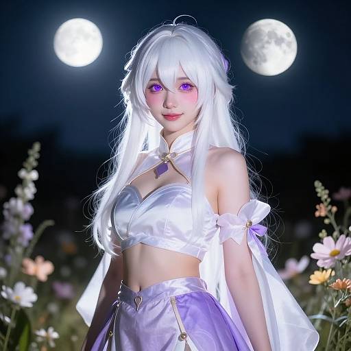 Digital art of a white-haired anime girl with purple eyes, wearing a shiny white and purple crop top and skirt, under a moonlit night sky with