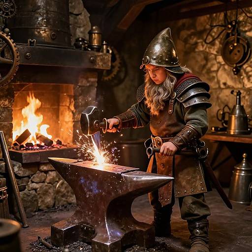 Medieval blacksmith in armor, helmet, and beard, sparks flying as he hammers metal on an anvil in a stone-walled, fire