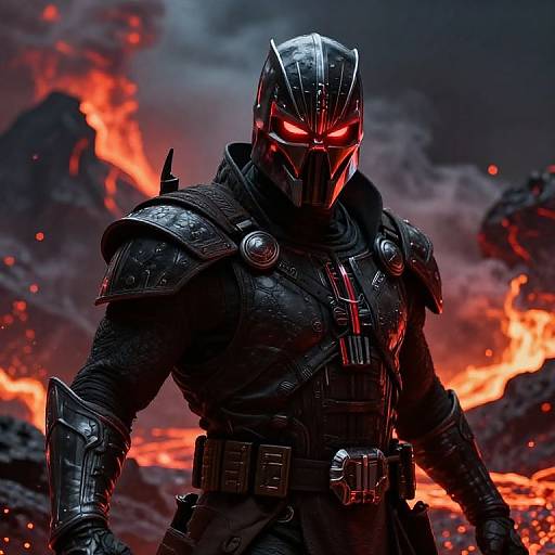 Digital illustration of a menacing armored figure with glowing red eyes standing in a fiery, volcanic landscape. Dark, metallic armor contrasts with vibrant red-orange flames in