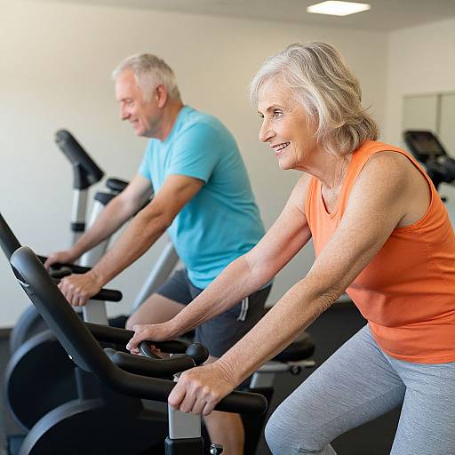 Photograph of an elderly white couple exercising on stationary bikes in a bright gym, wearing orange and blue shirts, smiling.