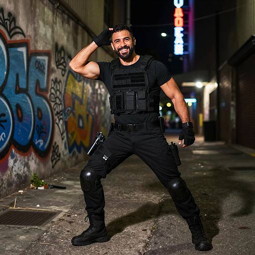 Photograph of a muscular bearded man with dark skin, black tactical gear, and gloves, smiling confidently in a graffiti-covered urban alley at night.