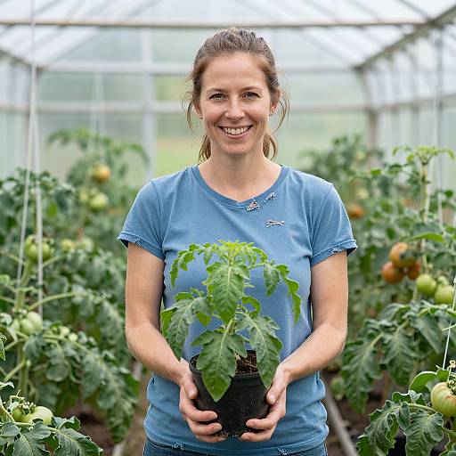 Smiling Woman with Plant in Greenhouse
