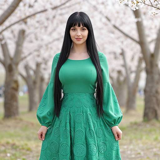 Photograph of a smiling woman with long black hair, wearing a green dress with circular embroidery, standing in a tree-lined park.