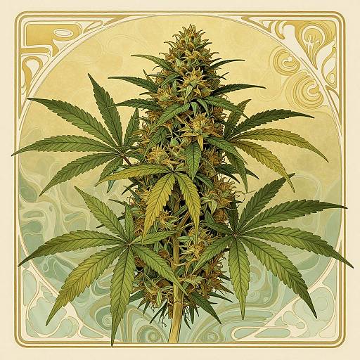 Detailed digital illustration of a tall, green cannabis plant with serrated leaves and small buds, set against a yellow, swirling patterned background.