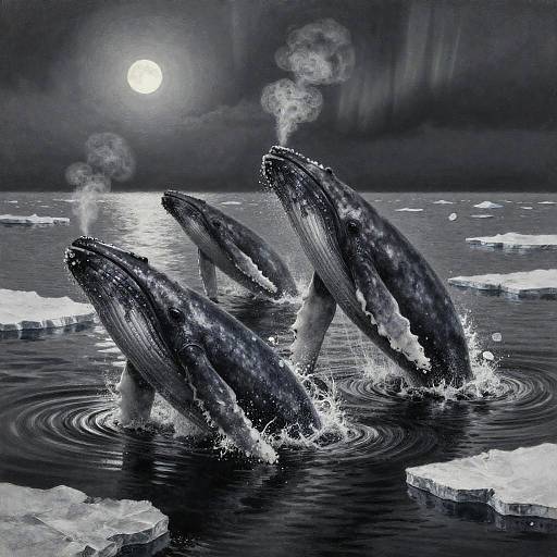 Charcoal Painting of Humpback Whales Breaching at Twilight