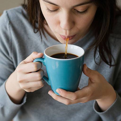 Photograph of a woman with dark hair, closed eyes, and light skin, sipping coffee from a blue ceramic mug, wearing a gray sweater.