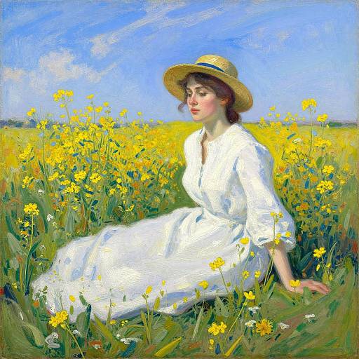 Impressionist painting of a woman in a white dress and straw hat, sitting in a vibrant yellow field of flowers under a blue sky.