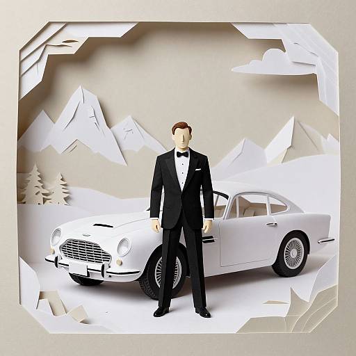 Digital collage of a faceless man in a black tuxedo standing in front of a white vintage car, with white mountains and clouds in the background