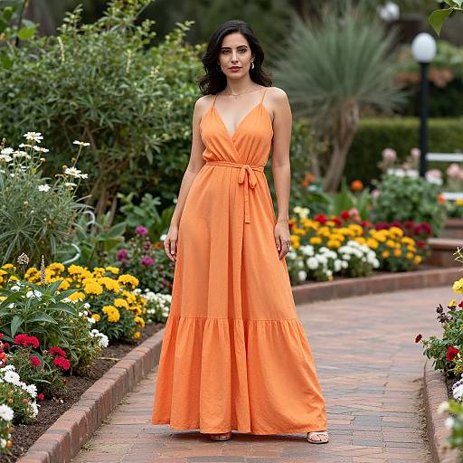 Photograph of a brunette woman with fair skin, wearing a sleeveless, V-neck, orange maxi dress, standing on a brick path in a vibrant