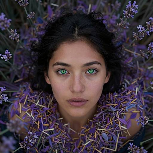 Photograph of a young woman with green eyes, dark curly hair, and fair skin, lying amidst vibrant purple lavender flowers. Her gaze is direct,