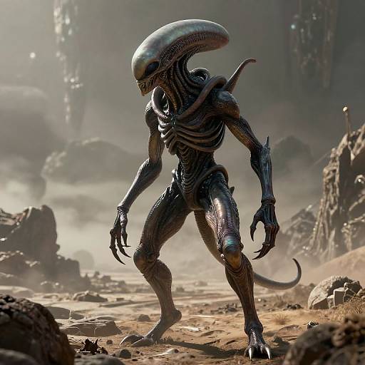 CGI image of a sleek, black, alien creature with a long, curved head, standing in a desolate, rocky, foggy landscape.