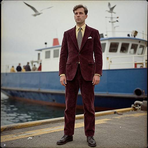 Photograph of a young man in a dark burgundy velvet suit, yellow shirt, and patterned tie, standing on a dock with a blue and