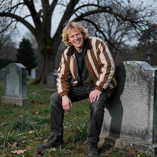 Whimsical Man in Creepy Cemetery Scene