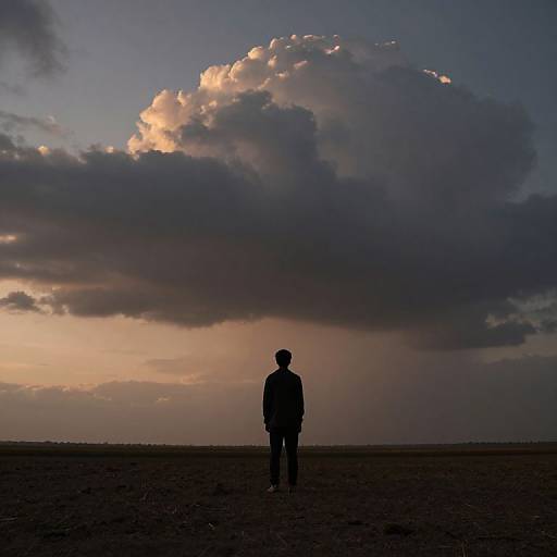 Silhouetted person standing in barren field, gazing at large, dramatic cloud at sunset; dark foreground contrasts with colorful sky. Photograph.