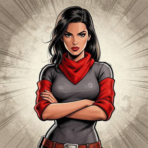 Digital comic-style illustration of a confident woman with black hair, wearing a red scarf and gray shirt, arms crossed, against a radiant background.