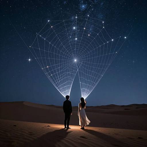 Silhouetted couple in desert, standing under star-filled night sky with illuminated spiderweb pattern. Woman in white dress, man in black suit.