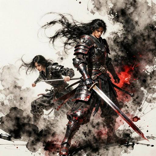 Digital art: Two samurai with long black hair, armored in dark steel, wielding swords; surrounded by intense black and red smoke. Dynamic, action