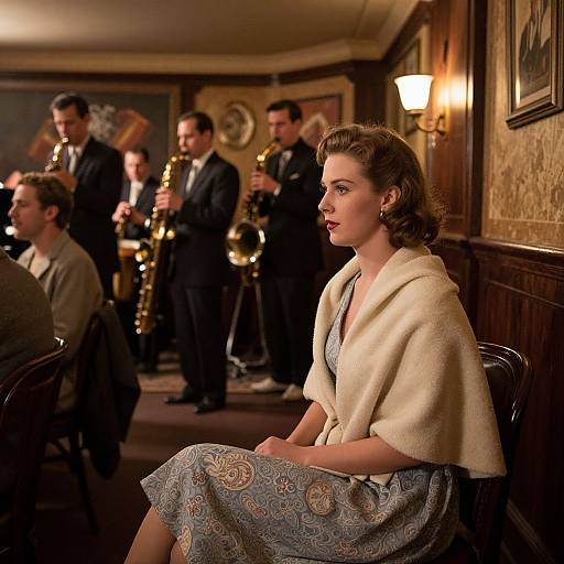 Photograph of 1950s-style woman in cream shawl and patterned dress, seated in dimly lit room with jazz band playing in background