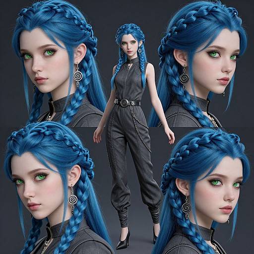 Digital art of a pale-skinned, green-eyed woman with vivid blue braided hair, wearing a black sleeveless jumpsuit and silver earrings, in