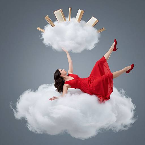 Photograph of a woman in a red dress and red heels, floating on a white cloud, reaching for wooden rays above. Gray background. Surreal