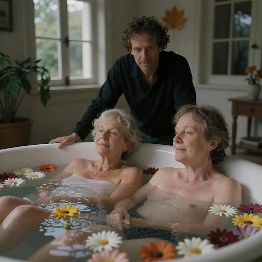 Couple Relaxing in Floral Bathtub with Man Standing
