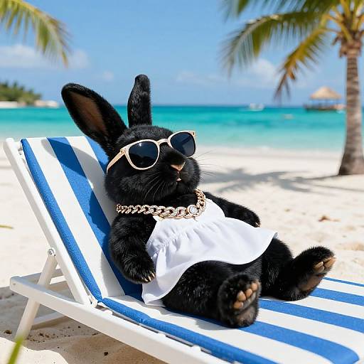 Cute Black Rabbit Relaxing on Beach