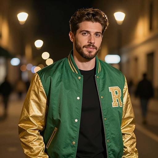 Handsome Man in Green and Gold Jacket at Night