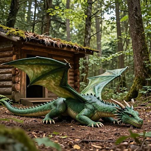 Green Dragon by Log Cabin in Forest
