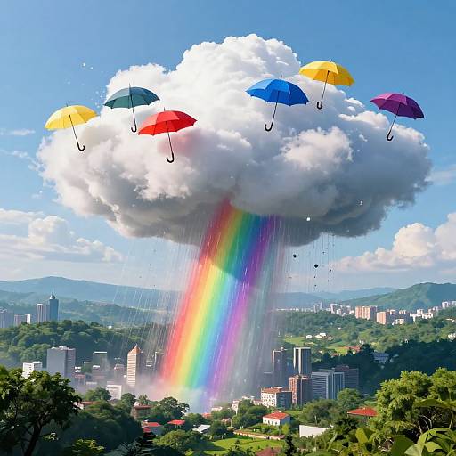 Photorealistic digital artwork: colorful umbrellas floating in a giant cloud with a vibrant rainbow, raining over a cityscape with lush greenery.