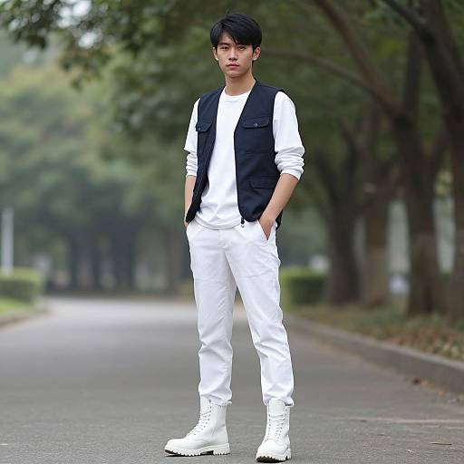 Photograph of an Asian man with short black hair, wearing a white outfit with black vest, standing on a tree-lined street.