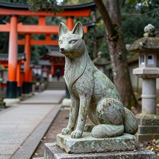 Stone Fox Statue with Torii Gate Setting