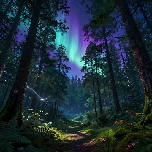 Digital art of a mystical forest at night, showcasing vibrant blue and purple auroras, towering trees, glowing fireflies, and a luminous path winding