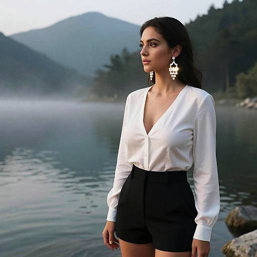 Elegant Woman by Misty Mountain Lake