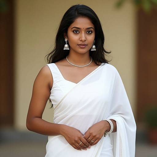 Photograph of a beautiful Indian woman with dark skin and long black hair, wearing a white saree, pearl necklace, earrings, and bracelet, standing