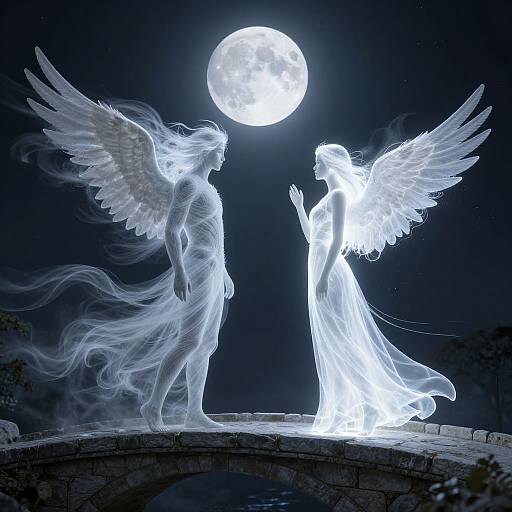 Digital art: Two glowing, ethereal angelic figures with large wings stand on a stone arch under a bright full moon.