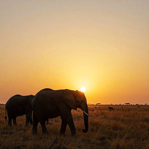 Photograph of two silhouetted African elephants walking in a grassy savannah at sunset, with a vibrant orange and yellow sky.