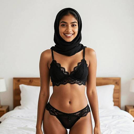 Photograph of a smiling South Asian woman with medium brown skin, wearing a black lace bra and panty set, and a black hijab, standing
