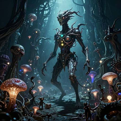 Digital fantasy artwork of a dark, horned, glowing-eyed creature amidst a eerie, luminescent forest with glowing mushrooms and floating lights.